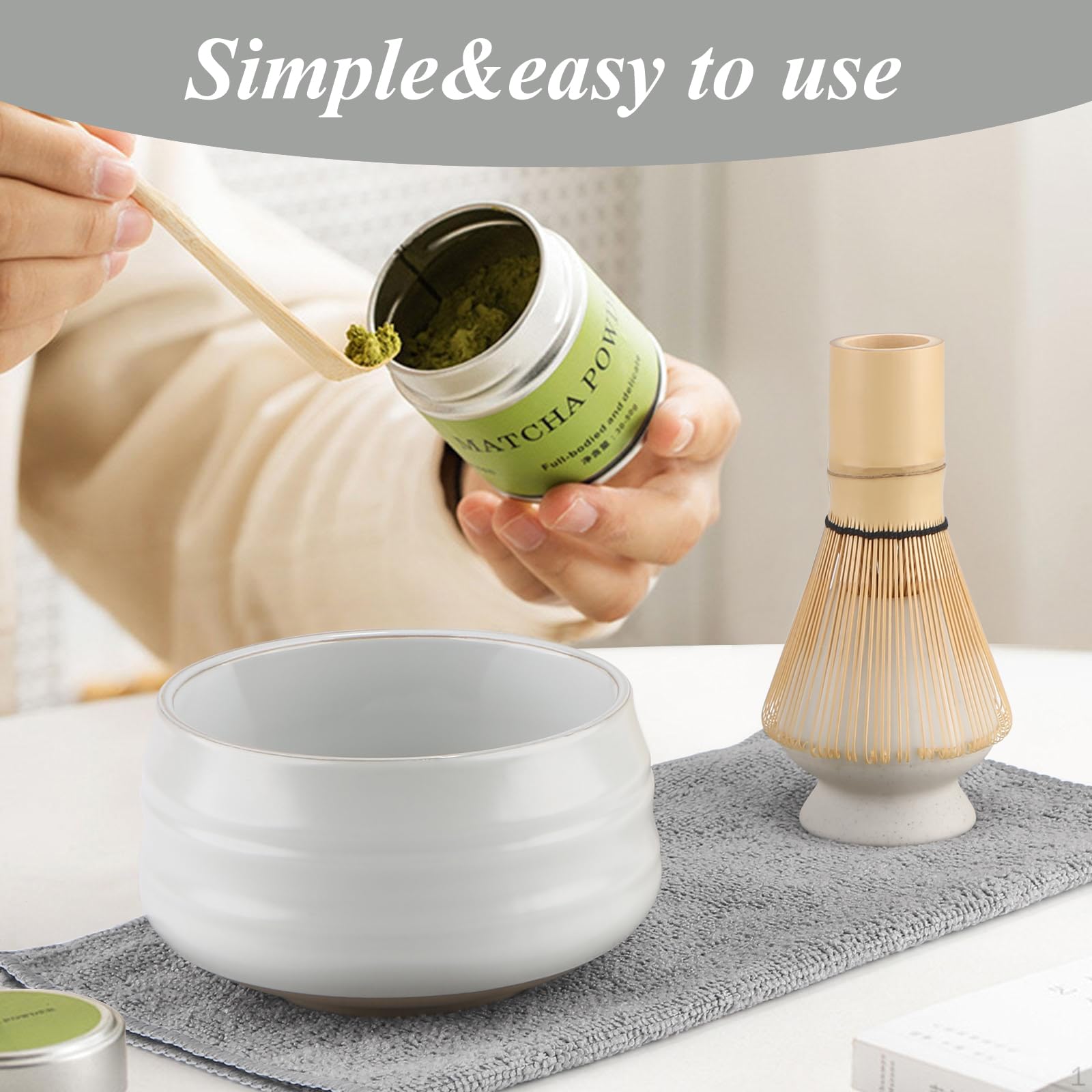 Matcha Kit Japanese Tea Set(7 pezzi), Frusta matcha, Paletta tradizionale, Ciotola per matcha, Supporto per frusta in ceramica, Ottimo regalo per amici e colleghi -Bianco opaco