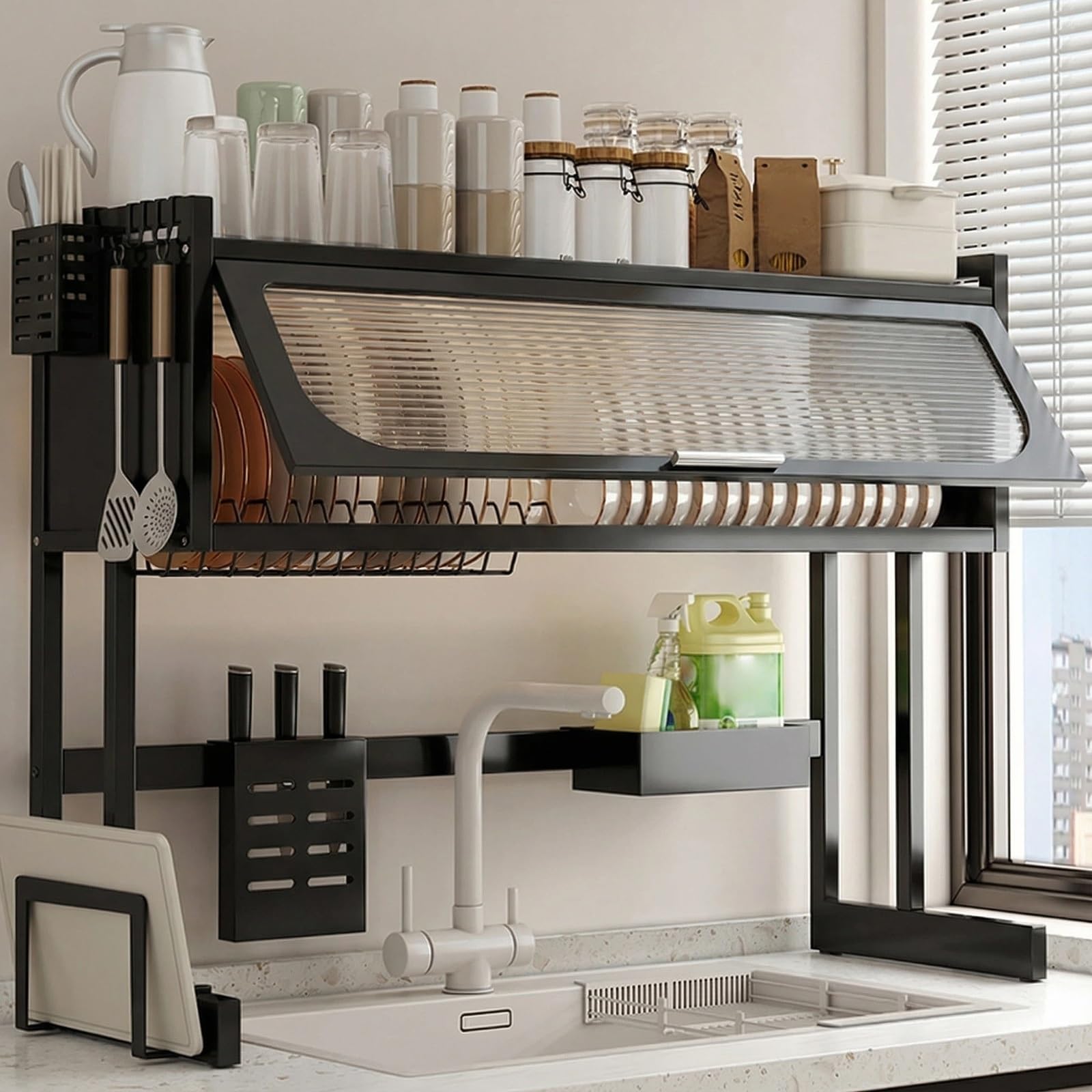 Abtropfgestell Für Die Spüle Mit Besteckhalter, Küchenabtropfgestell Aus Edelstahl, Platzsparender, Mehrstufiger Organizer Für Teller, Schüsseln Und Küchenaccessoires Black 29.5in