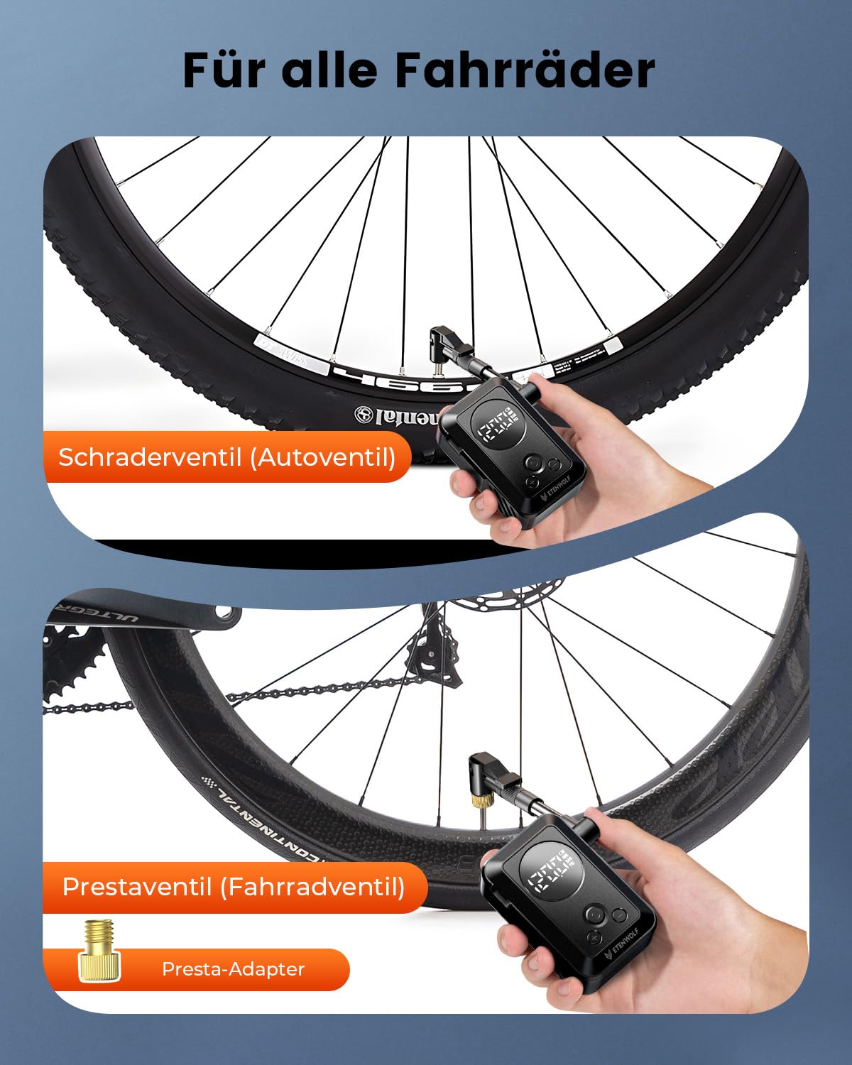 ETENWOLF Elektrische Fahrradpumpe,10,34 BAR Tragbare Reifenpumpe mit Presta und Schrader Ventil für Mountainbike,Rennrad,Motorrad,Ball,Schnellbefüllung&Auto-Stopp Luftpumpe mit Manometer (Schwarz)