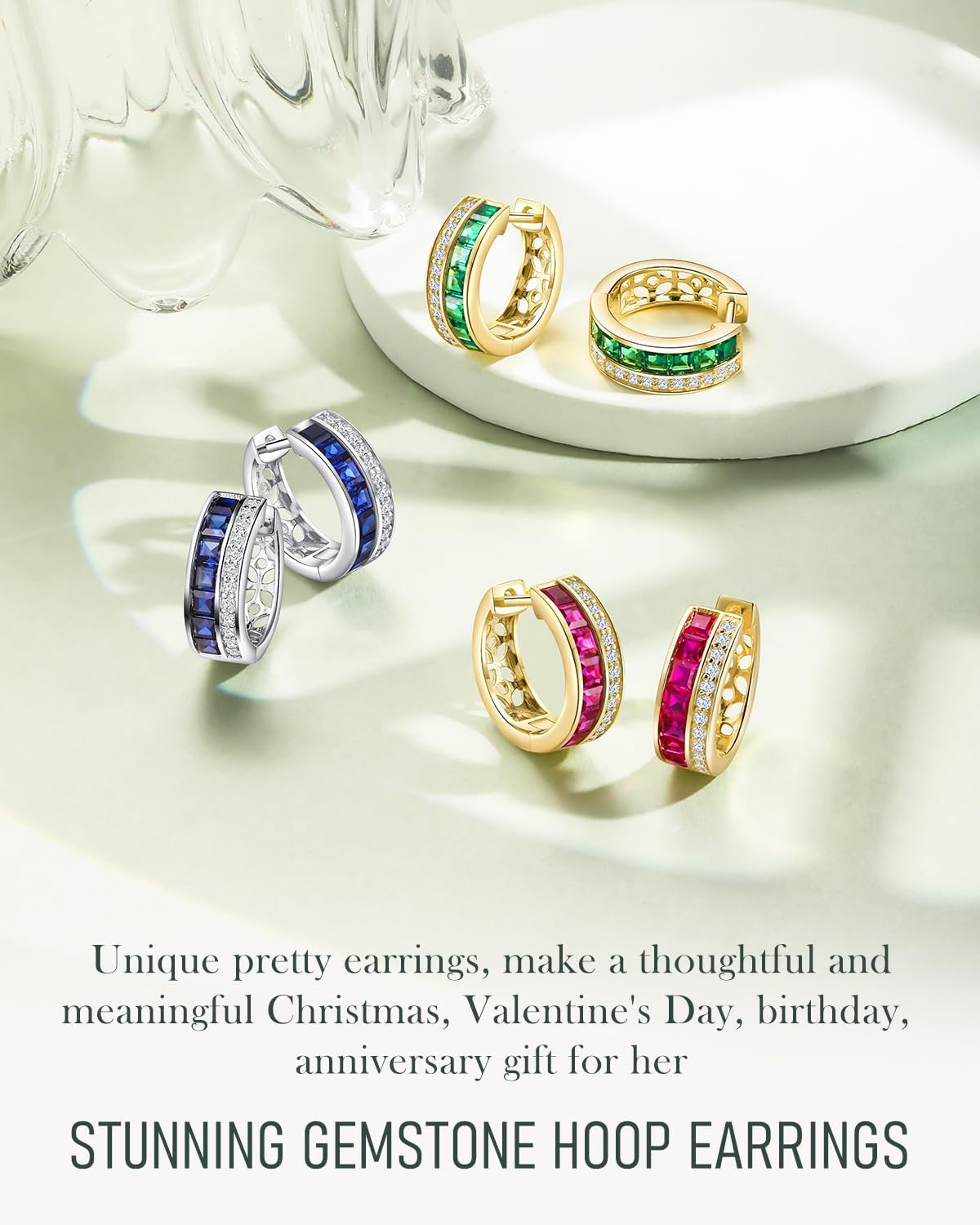 Emerald Cut Moissanite/Created Gemstone Hoop Earrings for Women 14K Gold Plated/925 Sterling Silver 15mm/21mm Huggie Hoops Anniversary Valentine's Day Christmas Jewelry(with Box) - Image 6