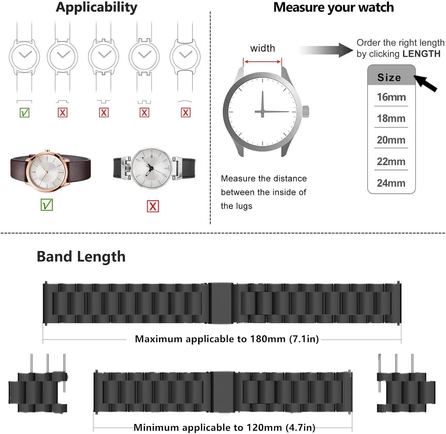Nxiamy Quick Release Stainless Steel Watch Band Metal Matte brushed Watch Strap 16mm 18mm 20mm 22mm 24mm Smartwatch Replacement Band Men Women