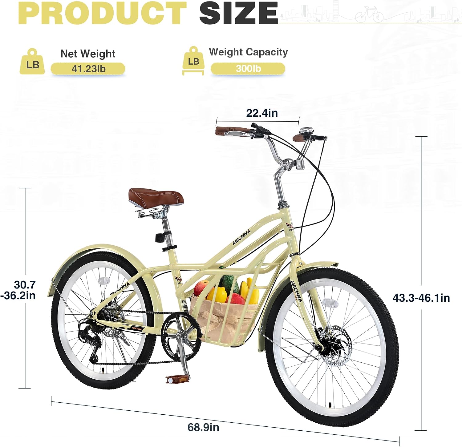 6 Speed Commuter Bike for Adults, 24 Inch Steel Frame City Bicycle with Double Disc Brakes, Comfort Saddle for Outdoor Riding,Yellow
