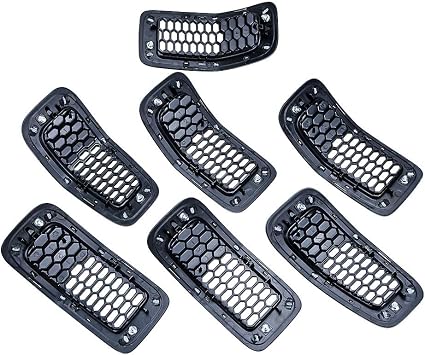 Front Upper Mesh Honeycomb Grill Grille Inserts Cover Kit for Jeep 2014-18 Jeep Cherokee (Glossy Black, Mesh Grille&Trim Insert)