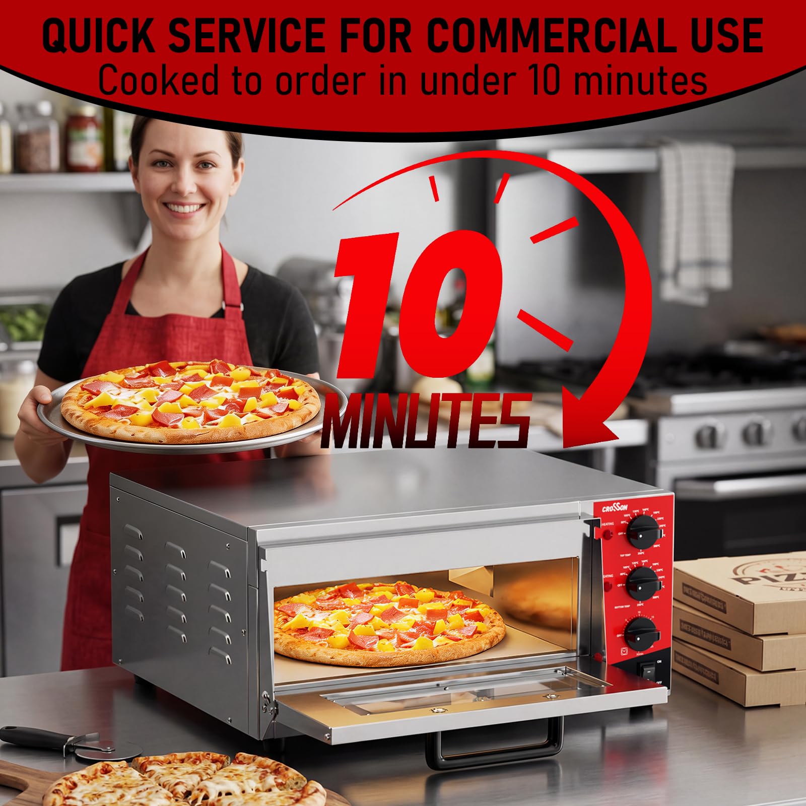 CROSSON Forno Elettrico per Pizza 16 Pollici,Forno Pizza Elettrico Professionale in Acciaio Inox 230V/2000W con Pietra e Maniglia,per Interni Ristorante Cottura Casa Cucina