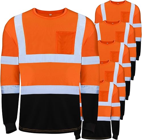 Zhanmai Paquete de 6 camisas de alta visibilidad clase 3 reflectantes de seguridad Hi Vis camisa de manga larga que absorbe la humedad con bolsillo