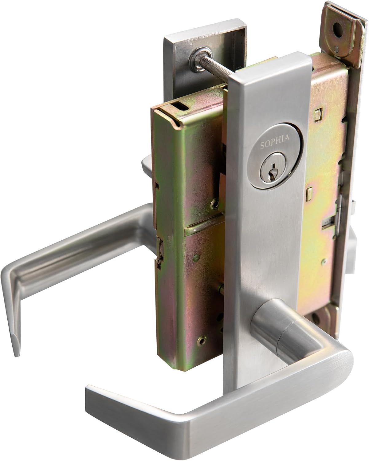 SOPHIA Commercial/Residential Mortise Lockset Heavy Duty Door Lever Lock Non-Handed Grade 1 - Escutcheon Plate Keyed Lever Lockset, ADA, US32D Satin Chrome Finish for Office Front Door