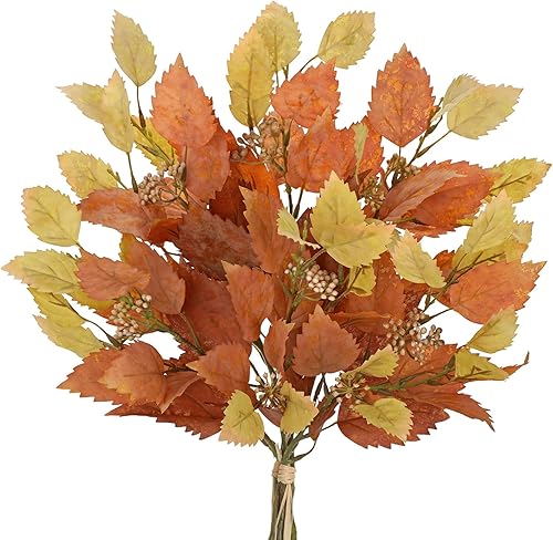 Tallos de hojas de abedul artificiales de otoño, 2 paquetes de arreglo de follaje de otoño sintético de 19.6 pulgadas, plantas falsas con ramas,