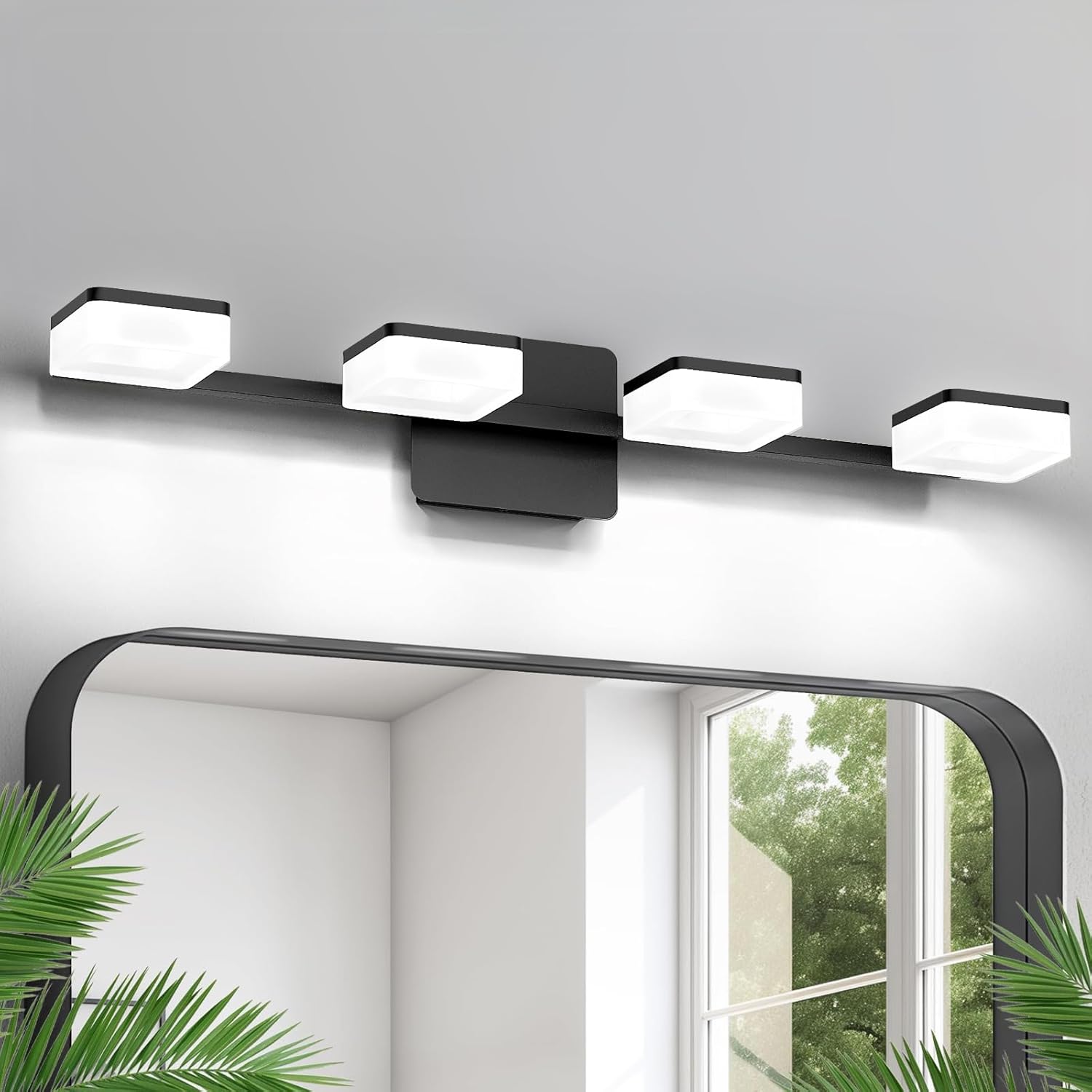 4 Light Acrylic Bathroom Light Fixtures, Modern Black Bathroom Vanity Light, Matte Black Wall Lighting Fixtures Over Mirror, Adjustable LED Vanity Light (White Light 5500K)