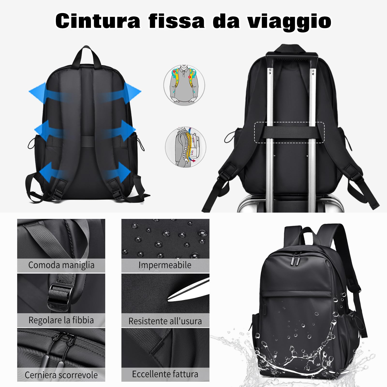 FANDARE Zaino Leggero Grande Capacità Unisex Nero | impermeabile tessuto idrorepellente per uomo donna, zaino casual leggero e resistente per università lavoro