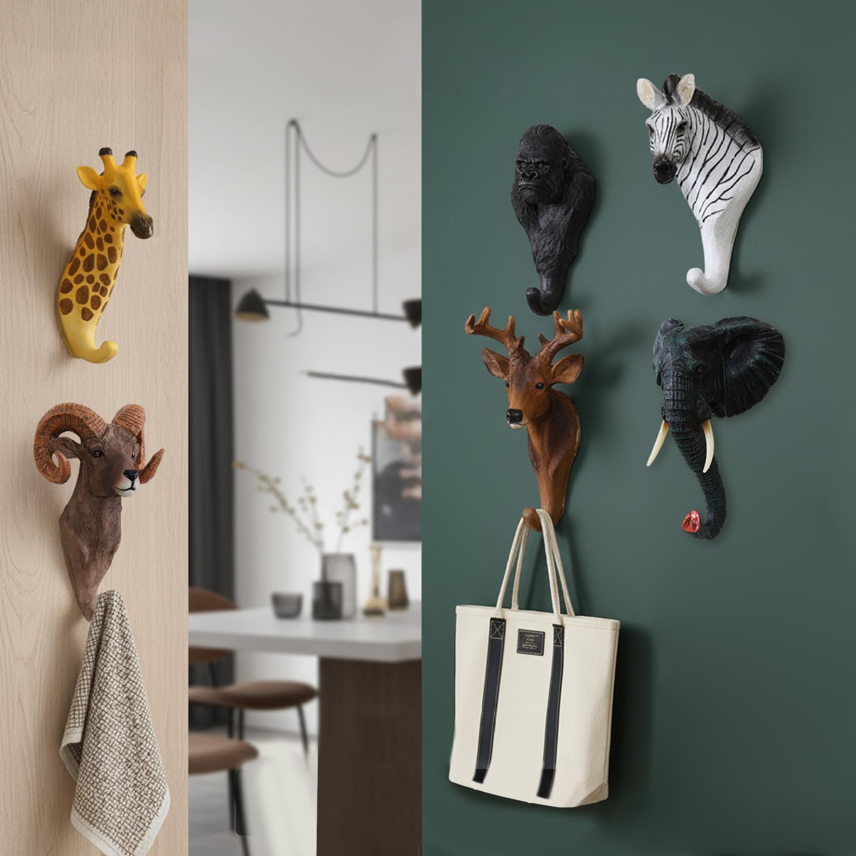 NIDONE Tier-Wandhaken im 6er-Pack, Kleiderhaken mit Tierkopf-Motiv aus Kunstharz, Wandhalterung, Vintage-Schlüsselhalter für Heim- und Café-Dekoration