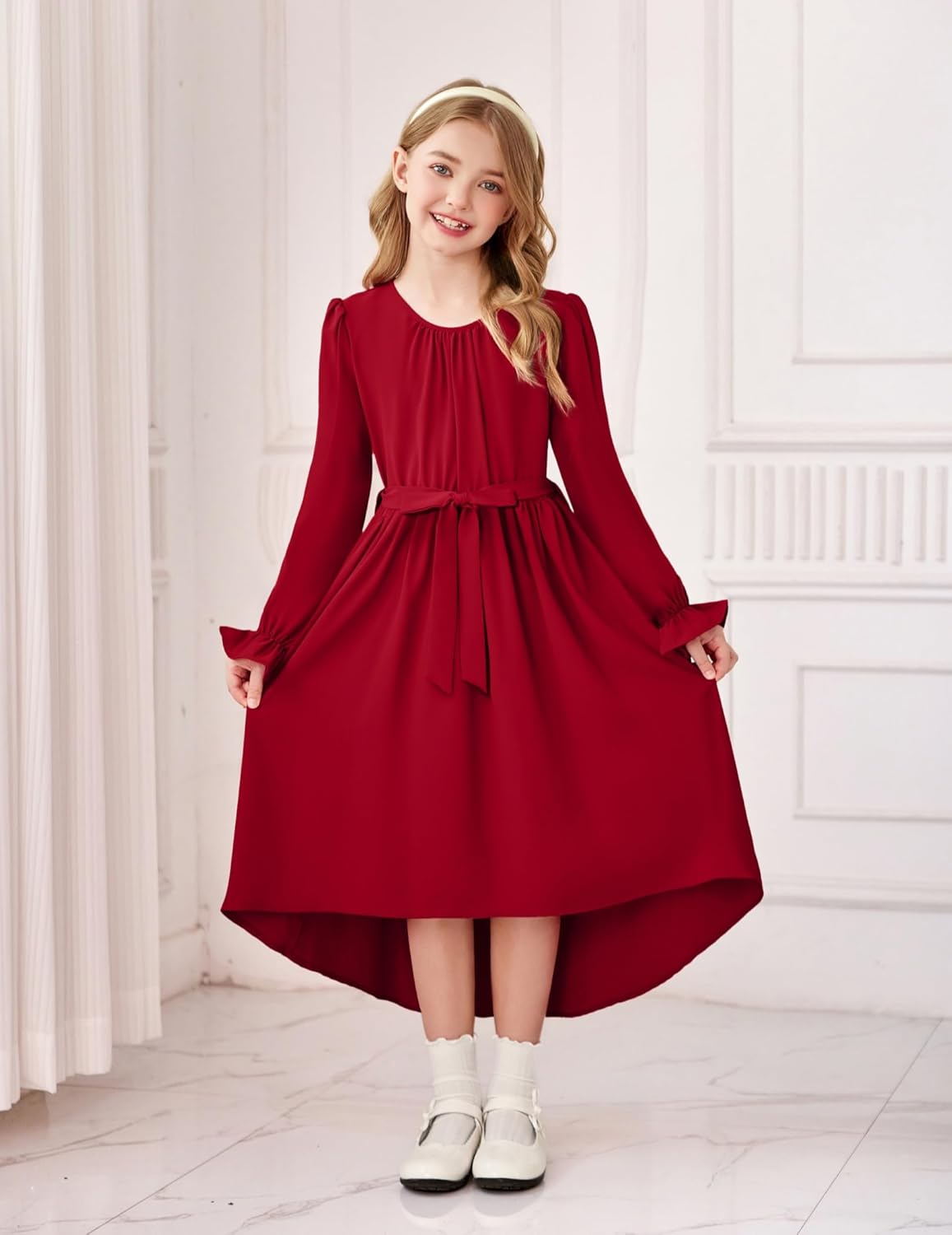 Arshiner Girls Long Sleeve Dress Fashion High Low Flowy Swing Semi Formal Party Dresses with Belt - Image 6