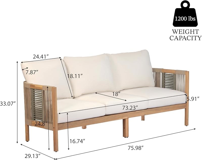 Christopher Knight Home 5-Piece Acacia Wood Patio Furniture Set with Coffee Table, 7 Seater Outdoor Conversation Sofa Set, Patio Sectional Chat Set for Backyard Balcony, Teak+ Beige image 5