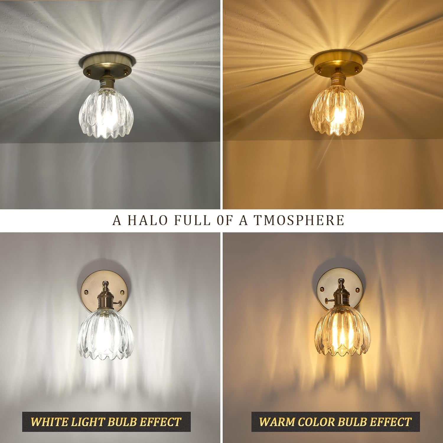 Shenmoyl Semi Flush Mount Gold Vintage Lights Fixture, Clear Tulip Glass, Bulb Included, 4.72" Base Modern Ceiling Light for Porch, Corridor, Kitchen, Bedroom