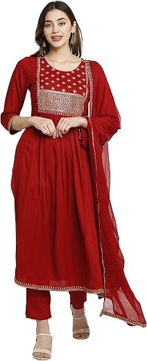 Rajnandini Women's Rayon Embroidered Kurta Set With Dupatta (JOPLVL245-P_Maroon_P)