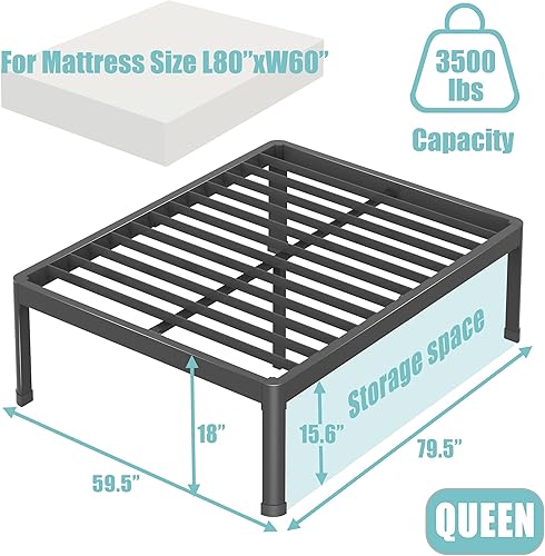 Miniatura 61 de Base de cama de tamaño matrimonial de 18 pulgadas con patas de esquina redondas, tapón deslizante de colchón, plataforma de metal resistente de 3500