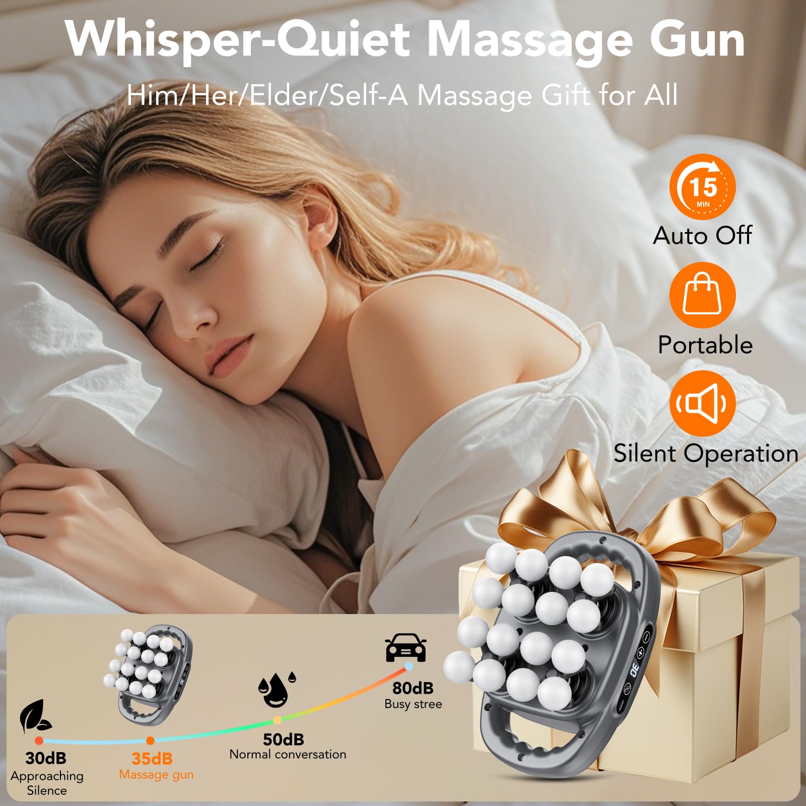 Pistolet de Massage à 16 têtes Portable, 3 Modes et 30 Vitesses, 2000mhA Massage Gun, 35dB Silencieux Masseur Musculaire, Appareil de Massage pour Cervicales Pieds dos Jambe, Détendre les Muscles