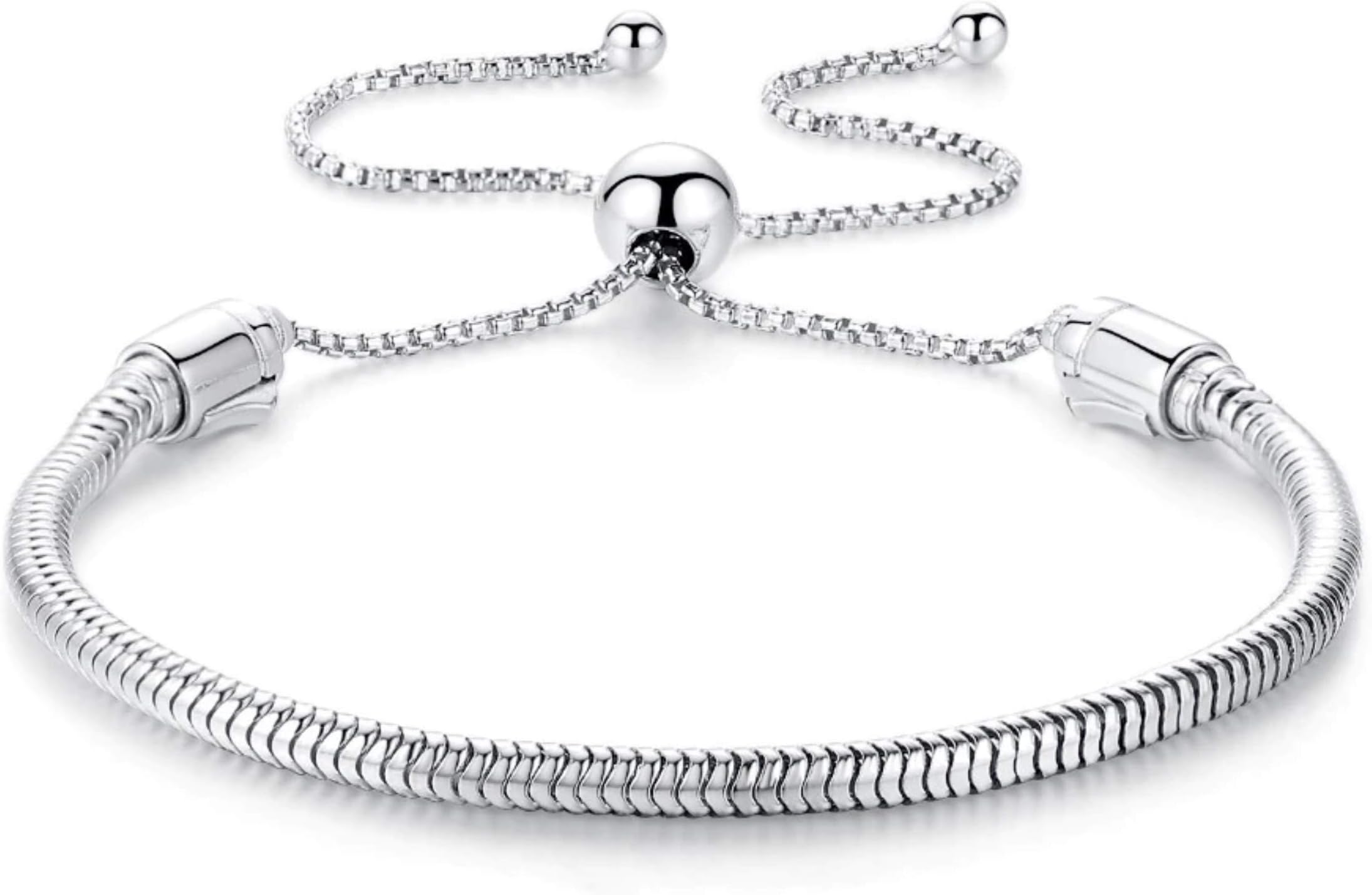 EVESCITY COLLECTIONAuthentic EvesCity 925 Silver Adjustable Twist On/Off Silver Bracelet fits Pandora Beads Charms