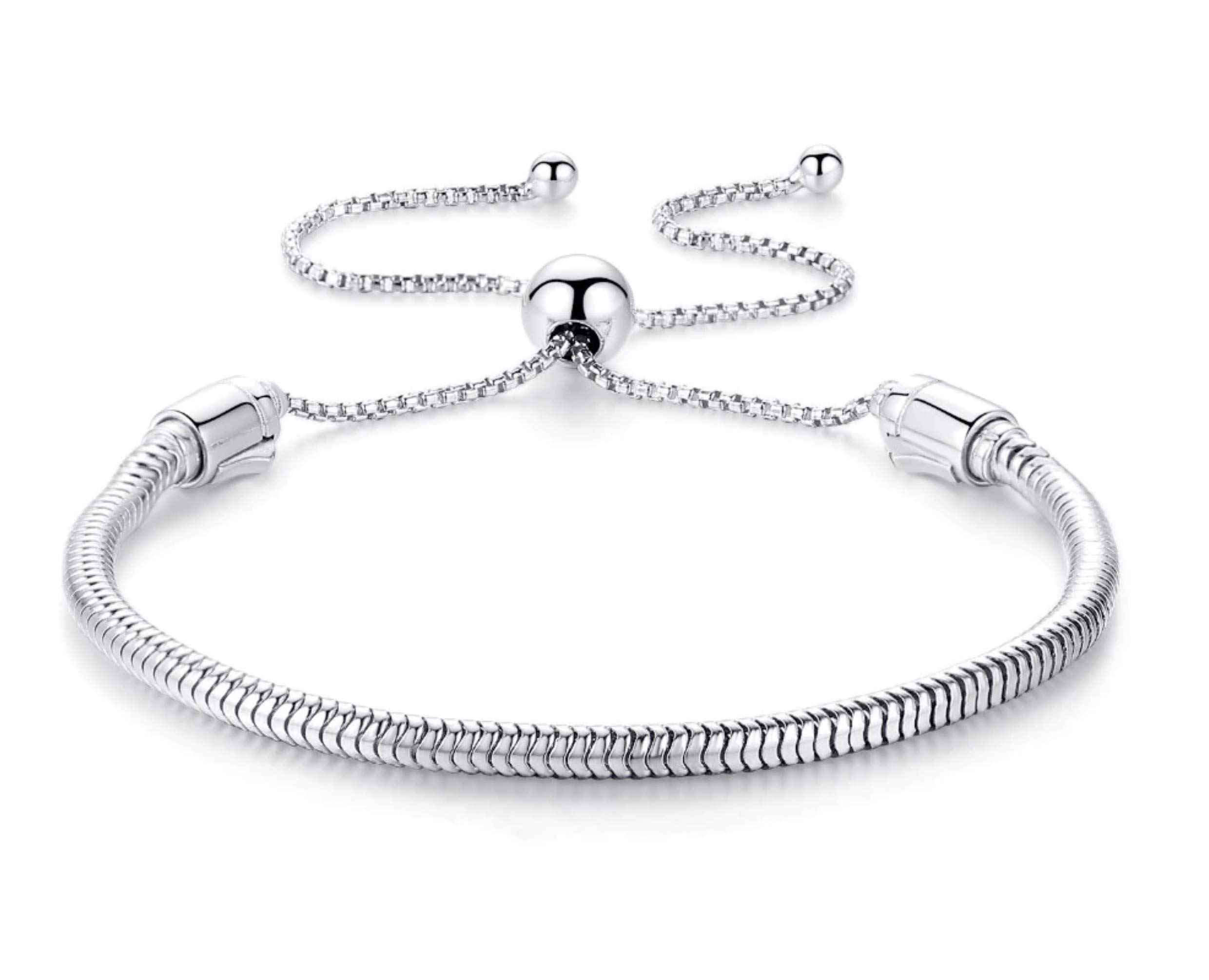 EVESCITY COLLECTIONAuthentic EvesCity 925 Silver Adjustable Twist On/Off Silver Bracelet fits Pandora Beads Charms