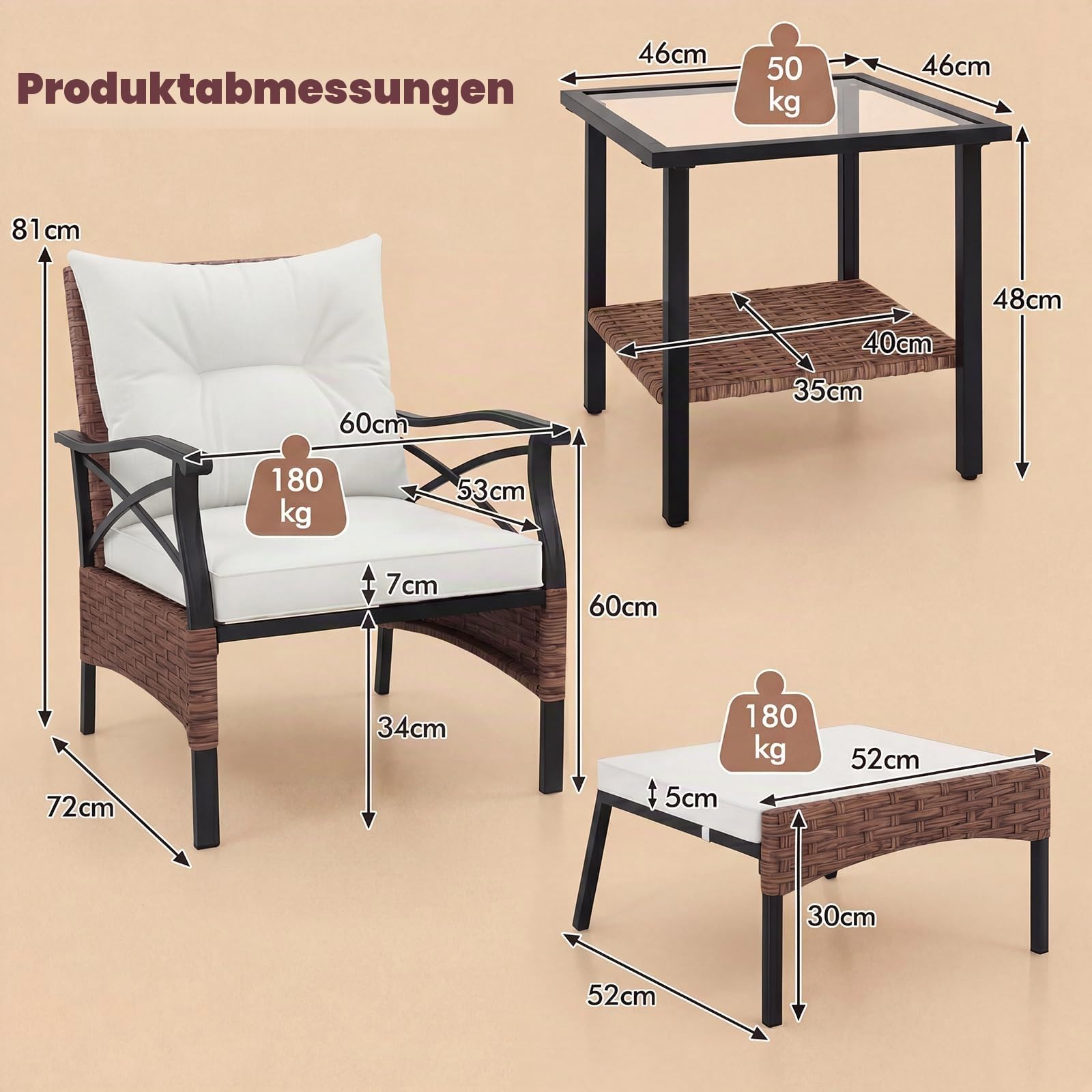 GIANTEX 5-teiliges Rattan Gartenmöbel Set, Balkonmöbel Kleiner 2-4 Personen, Lounge Möbel Outdoor mit Tisch, 2 Sessel, 2 Hocker, inkl. Rückenkissen & Sitzkissen, Terrassenmöbel