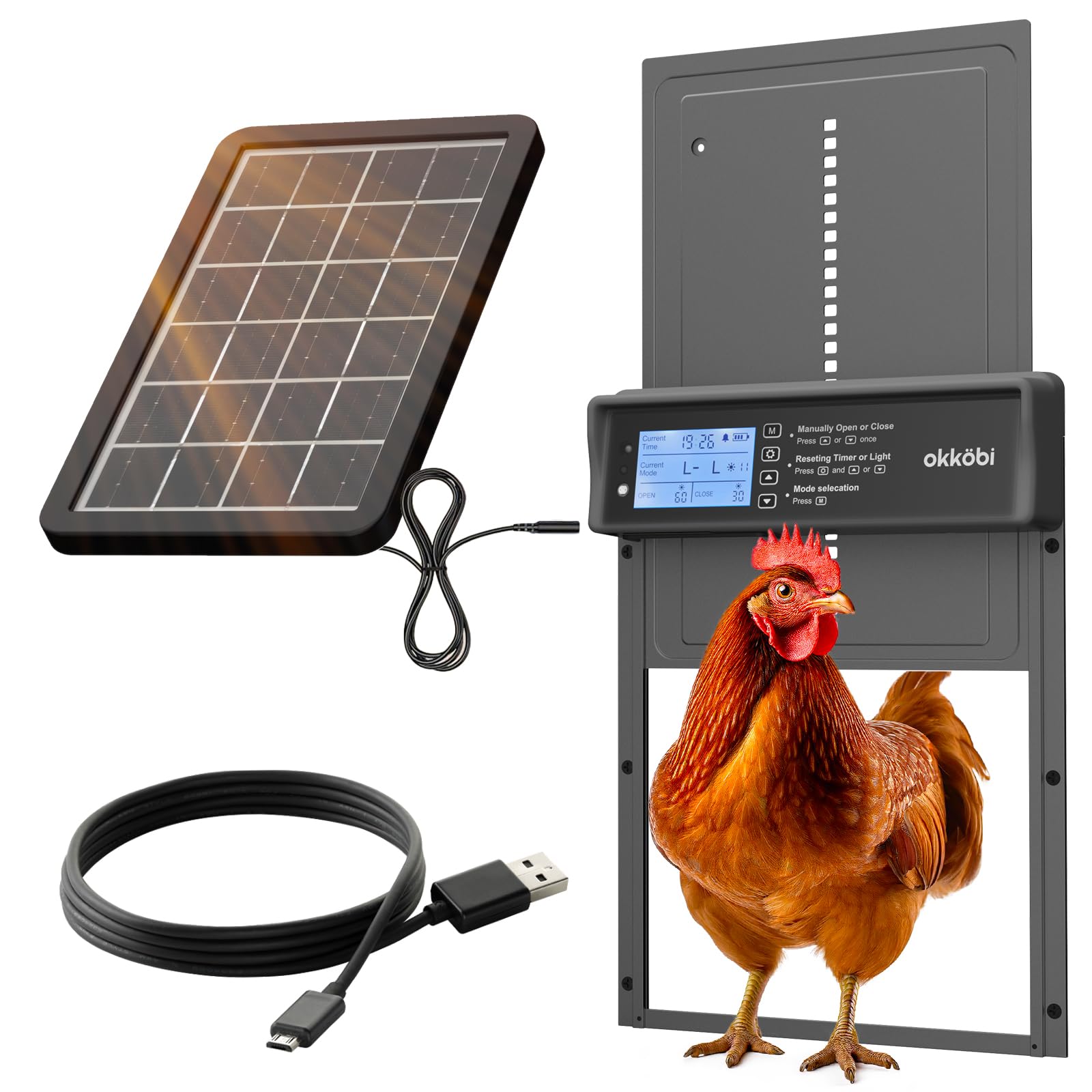Okkobi Porta Automatica Pollaio Solare - Display LCD - Porta Pollaio con telecomando, Sensore di luce e Timer - Sicurezza e tranquillità: Funzione Antipizzicamento - Protezione di 5 anni