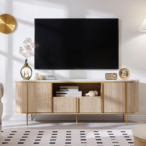 OKD Luxury 70" Fluted TV Stand, Modern Chic Entertainment Center for TVs Up to 80 inches, TV Console with Faux Marble Top, Curved Profile Design, Media Console for Living Room, Natural Oak - Natural Oak