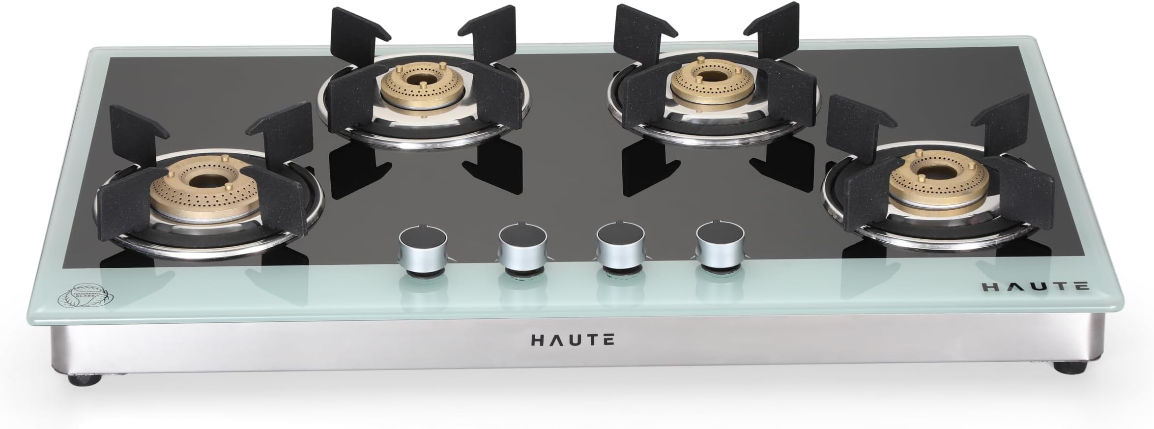 Haute Evoque Series 3.0 Black & White 4 Burner Gas Stove | Manual Ignition | 8mm Atom Glass | ISI Certified | Doorstep Service | 10-Year Glass & 2-Year Manufacturing Warranty