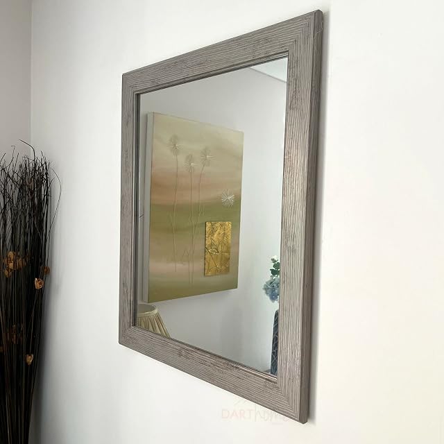 Darthome Rectangular Wooden Grey Wall Mirror Home Bathroom Hanging Frame Decoration Large 60cm x 50cm