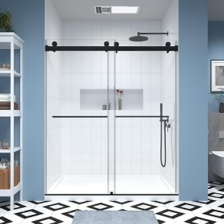 56-60" W × 70" H Frameless Shower Door, 5/16" (8mm) Tempered Glass Double Sliding Glass Shower Door with Nano Coating, Stainless Steel Hareware, Matte Black