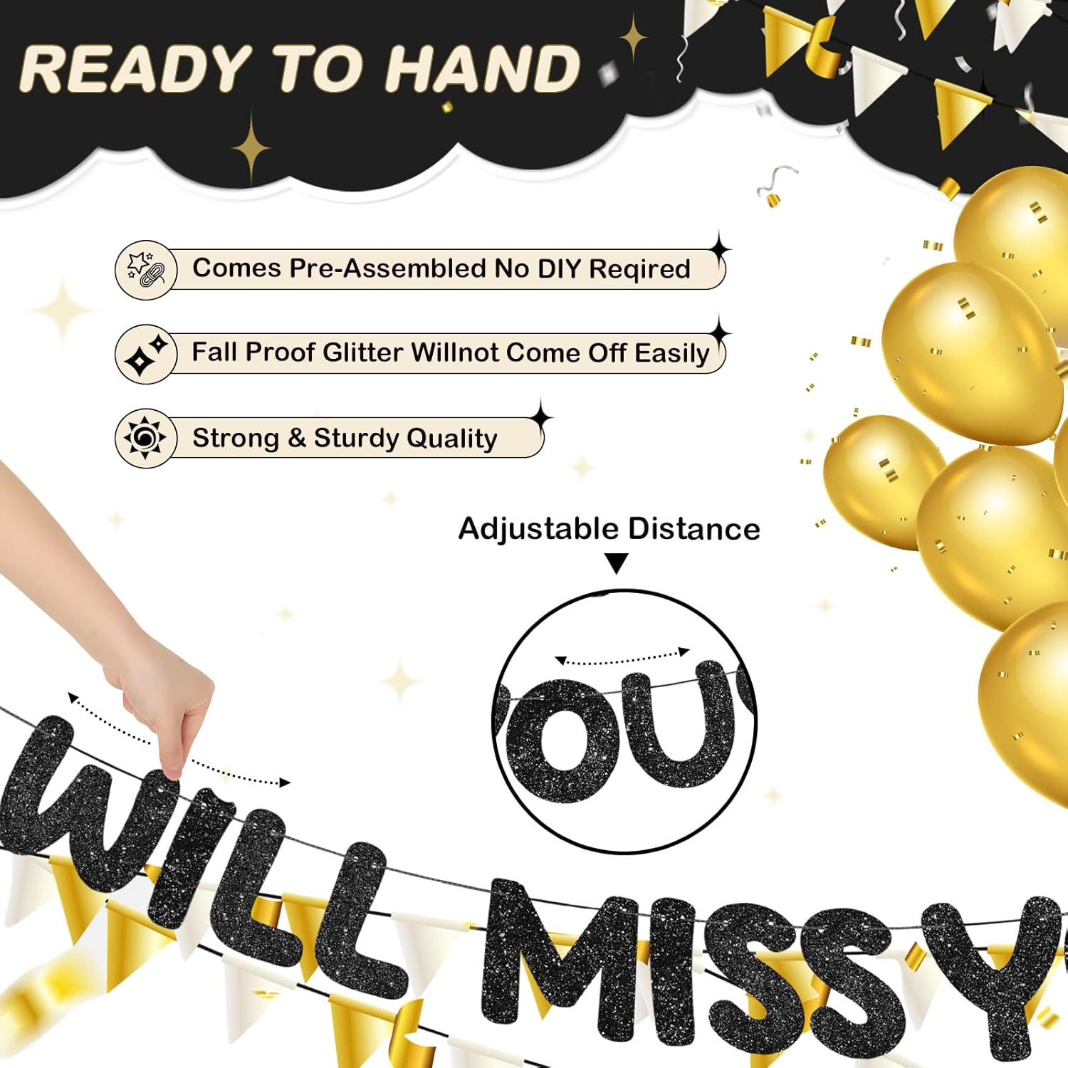 Fulmoon Pre Strung We Will Miss You Banner Glitter Bunting Graduation Retirement Party Decorations 8.2 ft Goodbye Decorations for Going Away Farewell Army Party Supplie(Black)