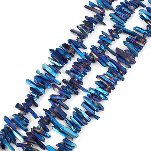 Miniatura 2 de 1 hebra Adabele de cristal curativo natural de cuarzo de tamaño pequeño con punta de péndulo de 15 pulgadas, azul zafiro AB recubierto de titanio,