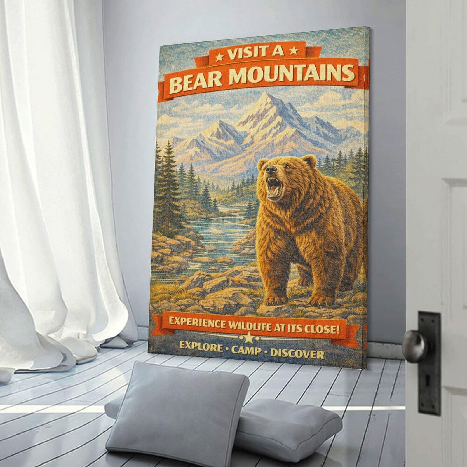 Junmoney Frame-Style-2 Canvas Wall Decor Visit Bear Mountains Vintage, 12X18inch(30X45cm), For Bedroom, Guest Room Or Reading Nook, Decorative Wall Art For Cosy Rooms
