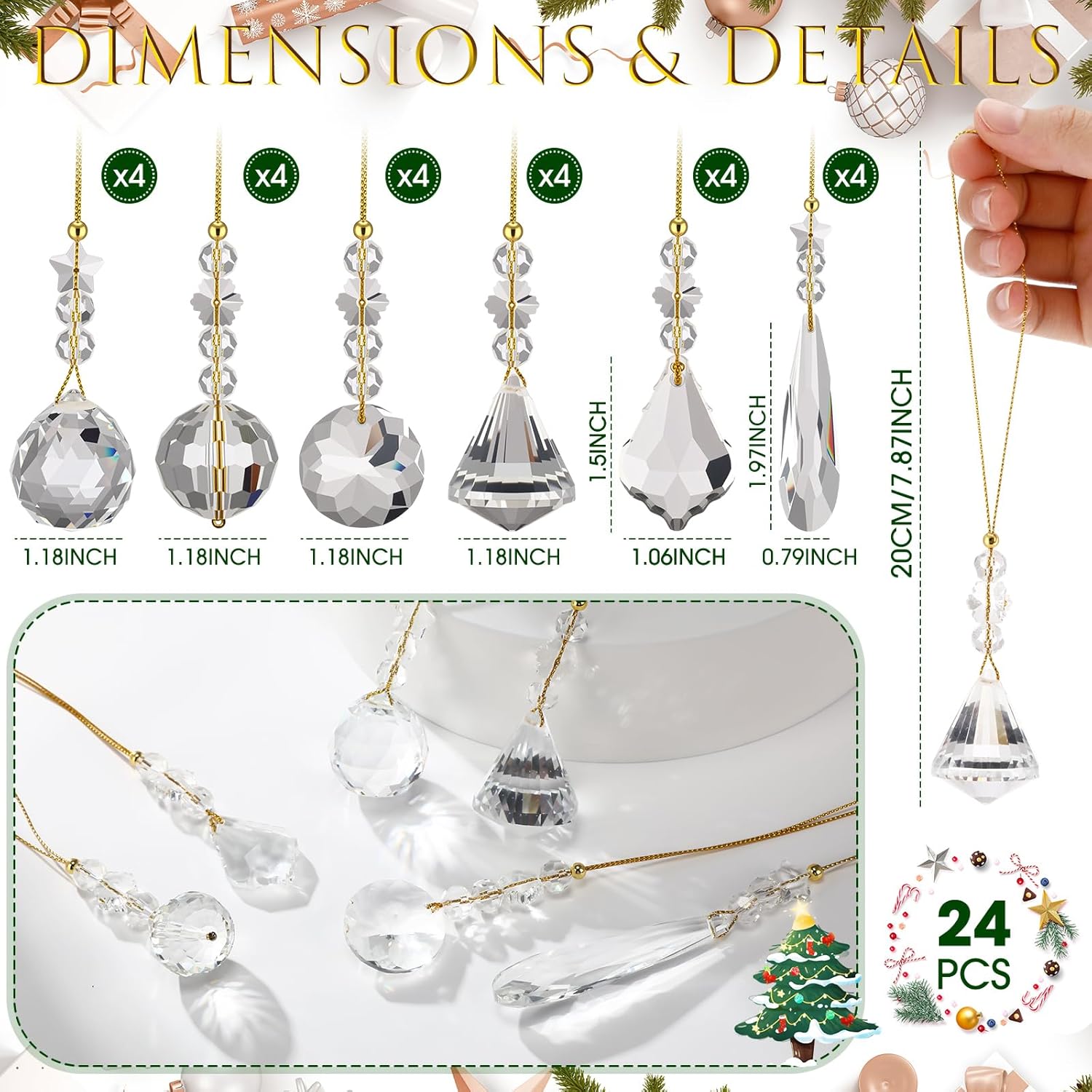 Landical 24 Pcs Crystal Christmas Ornaments Hanging Crystal Ornaments for Christmas Tree Decorations Xmas Themed Party Wedding Birthday Home Decor(Clear)