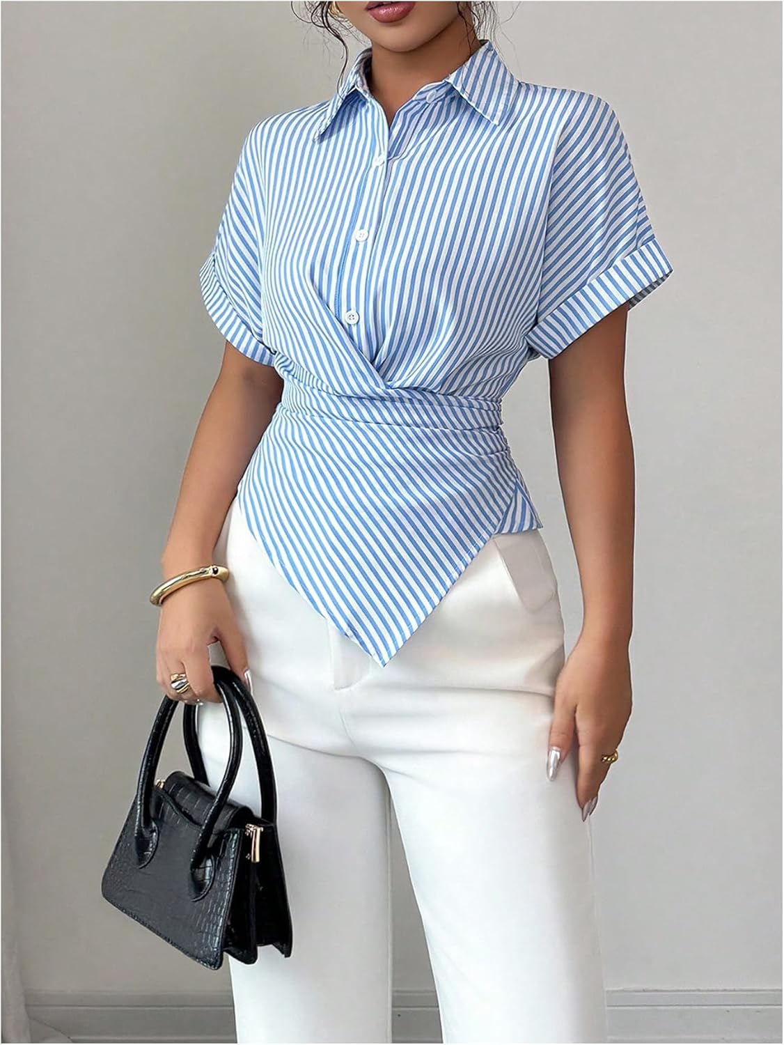 SweatyRocks Women's Short Sleeve Button Down Collared Blouse Striped Wrap Tie Asymmetrical Top - Image 2