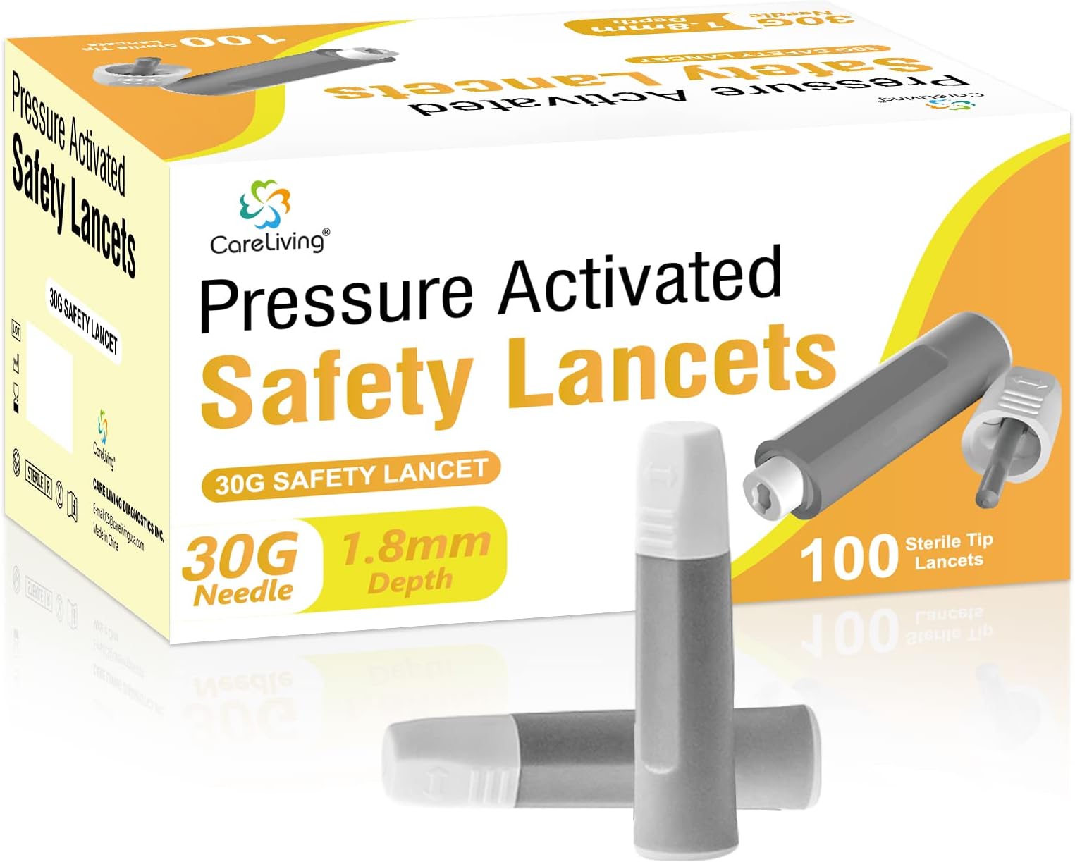 Safety Lancets, 100 Count Sterile, Push Button Activated, 30 Gauge Needle, 1.8 mm, Single-Use, Gentle for Comfortable Testing