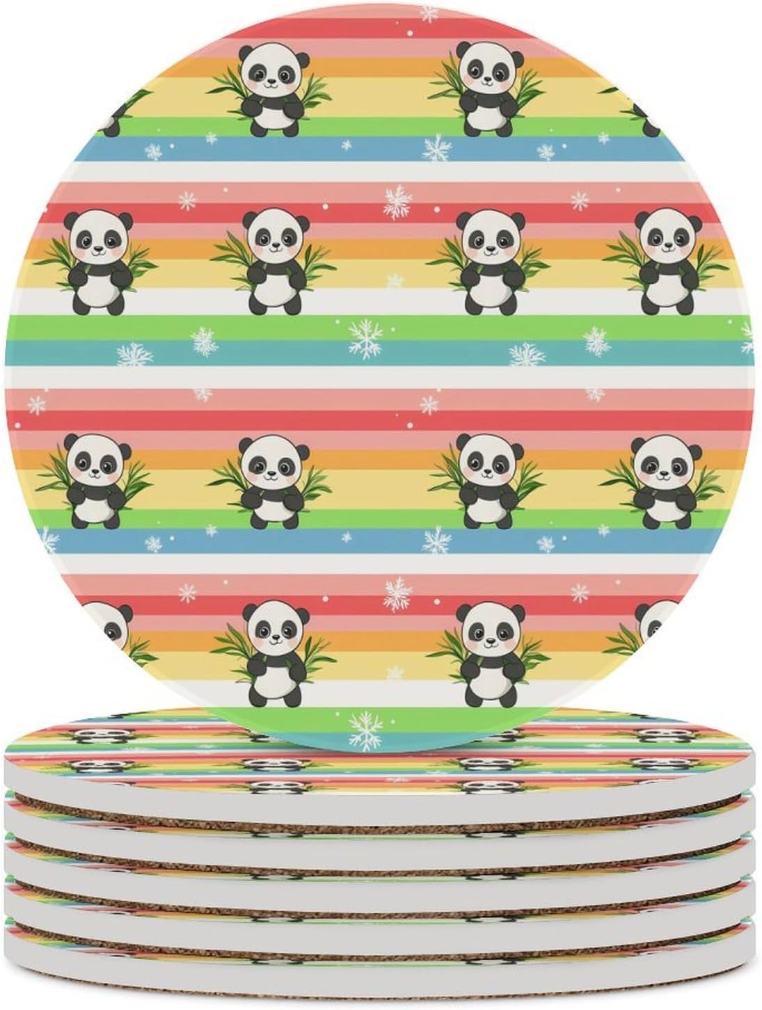 Rainbow Pandas Funny Round Ceramic Coasters for Drink Absorbent Cup Holders Tabletop Protection