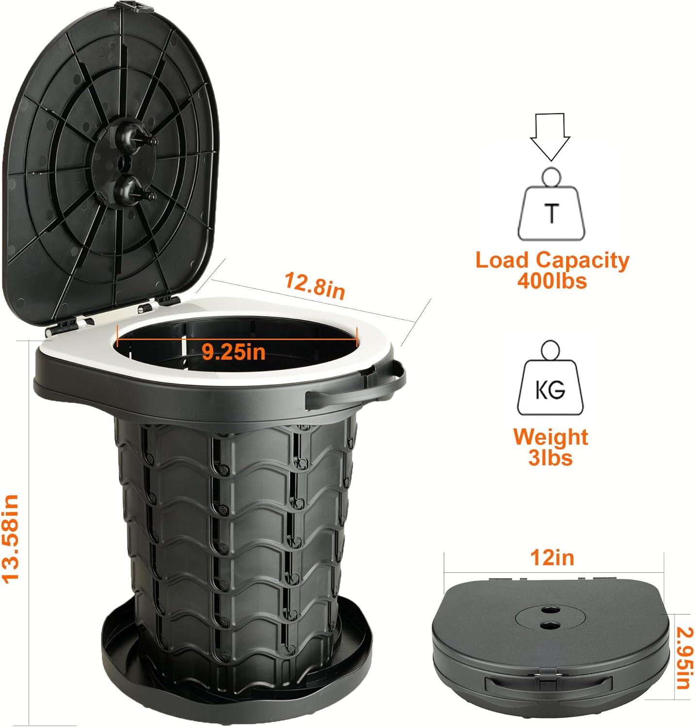 Boreeman Portable camping Toilet, Foldable and Height Adjustable, Load Capacity 400lbs, with Carrying Handle, Perfect for Camping, Travel & Car Use 13.6"H