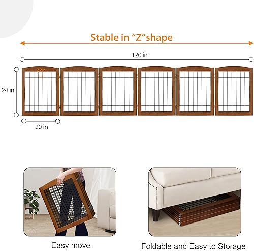 Miniatura 5 de LZRS Puerta independiente de madera extra ancha de 6 paneles barrera de seguridad plegable de madera maciza y alambre de acero resistente a la