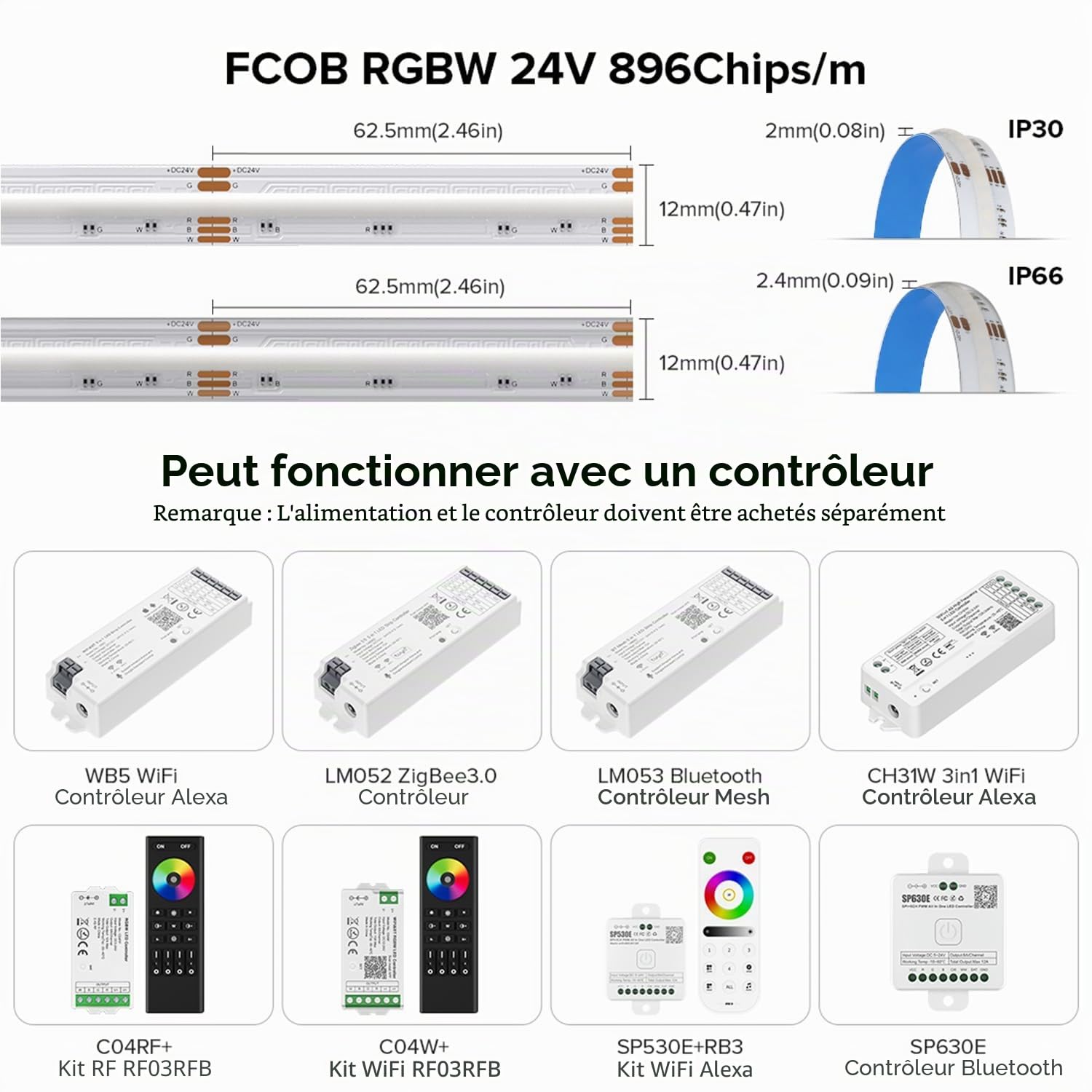 FCOB COB RGBW Bande LED RGBWW(2700K) 5M 896LEDs/m DC24V 12mm CRI90+ IP30