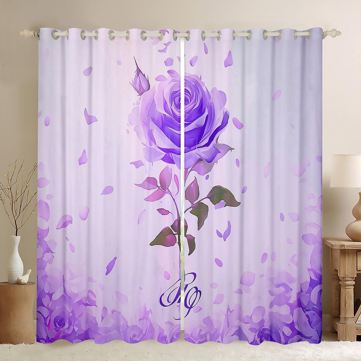 Valentine's Day Rose Window Curtain,Purple Flower Curtains for Kids Girls Women Lover Home Room Decor,Romantic Floral Window Drapes,Flower Petal Botanical Window Treatment Curtain,2 Panels,38Wx45L