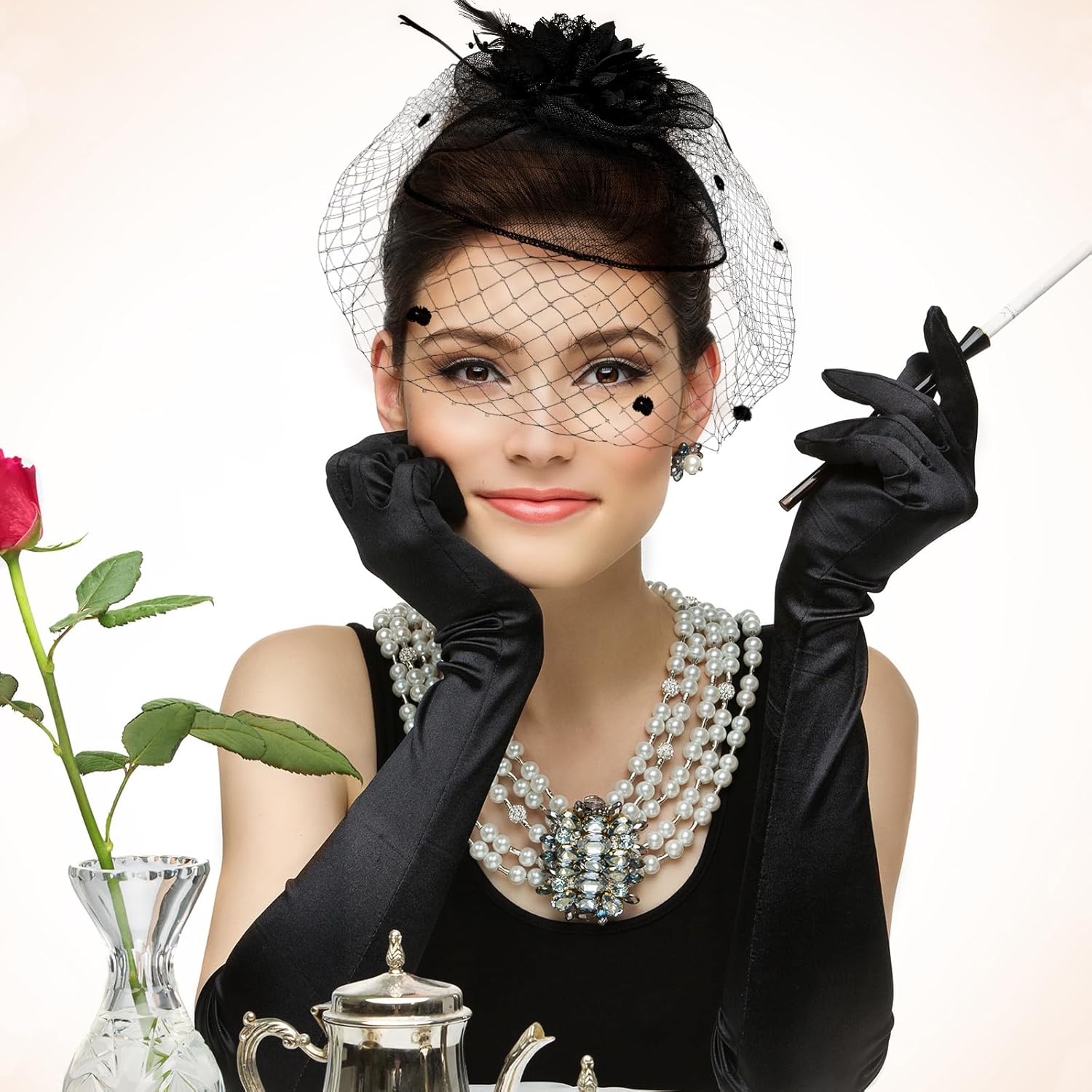 Geyoga 3 Pcs Fascinators Hats for Women The First Communion Hats Flapper Headpiece Mesh Veil Pearl Headdress - Image 2