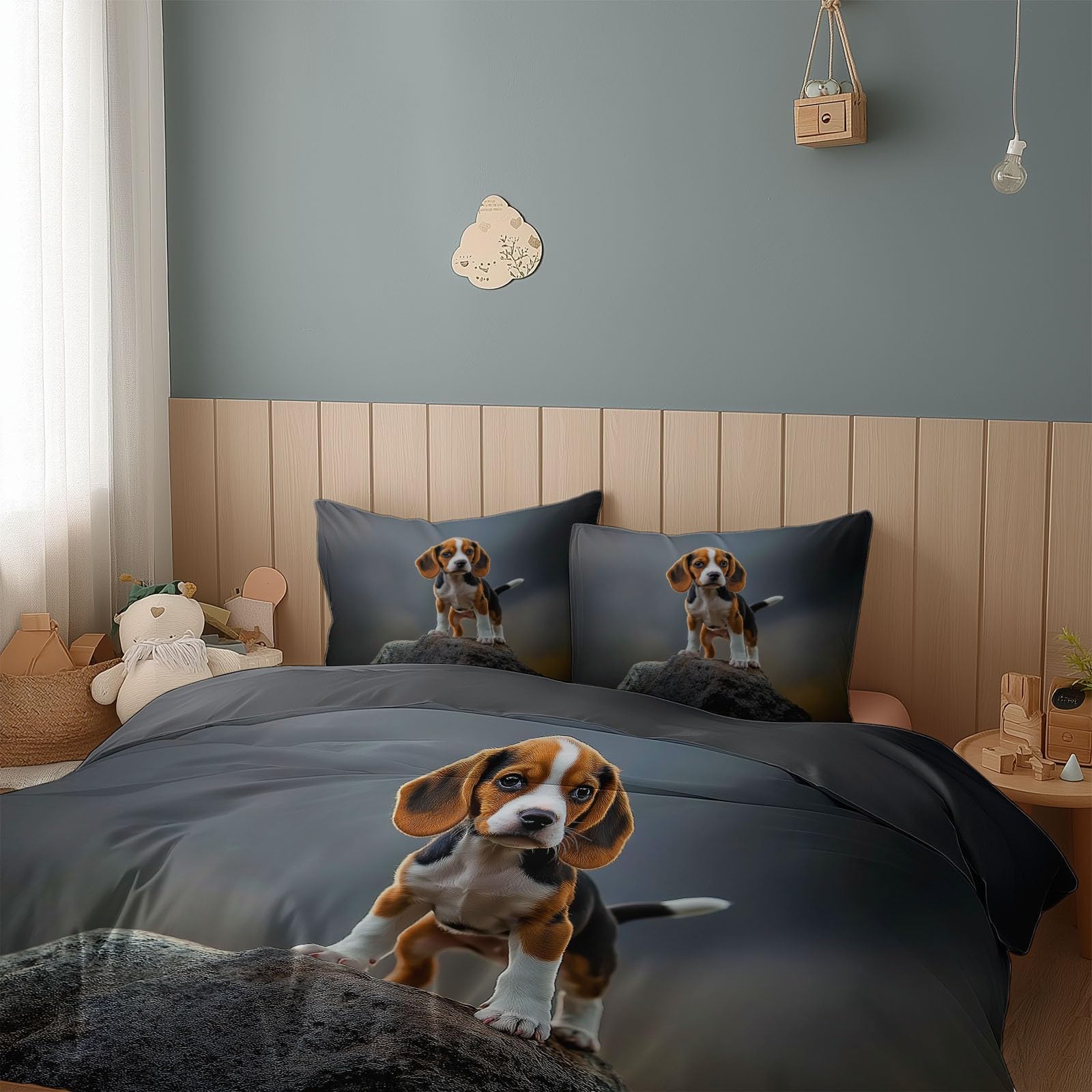 Générique Komplet pościeli dziecięcej 160 x 200 cm Beagle Fotografia Zwierząt Poszwa na kołdrę Miękka i oddychająca mikrofibra, ciemnoszara pościel 1 osoba Zamek błyskawiczny Poszewki na poduszki