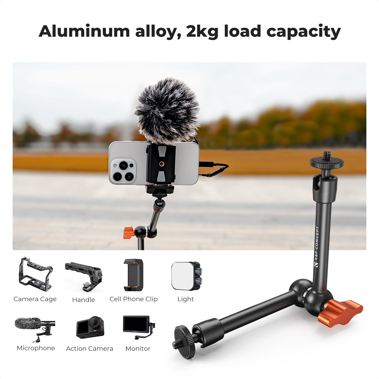 Reflex Camera Super Clamp & Magic Arm Mount With Double Ball Head – 2kg Load Capacity, 1/4\" & 3/8\" Screw, Adjustable For Monitors, LED Lights, Mics