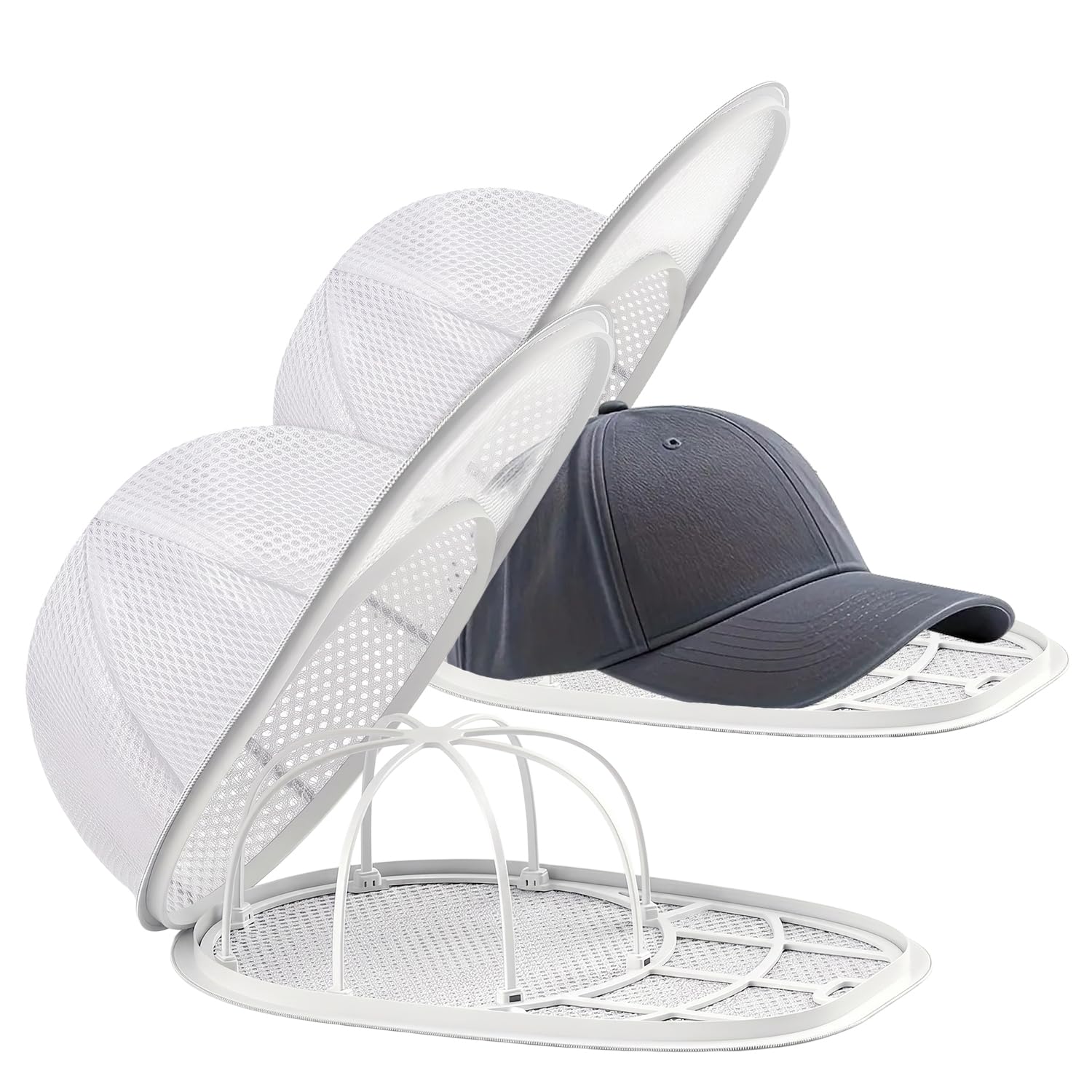 BEZHO 2 Set Cap Washing Cage, Collapsible Baseball Cap Washing Cage | Hat Washer Cage for Washing Machine & Dishwasher | Storage Shaper Protector Holder with Rack Frame Adult Kid Hat (White)