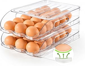 SMRCAD Egg Holder for Fridge, Automatic Stable Rolling Egg Dispenser with Handle & Silicone Pad for Refrigerator, Large Capacity Egg Organizer with Lid | BPA-free food-grade PET | Stackable with lid | Built-in handle | 11.92"L x 8.85"W x 5.4"H | Hand