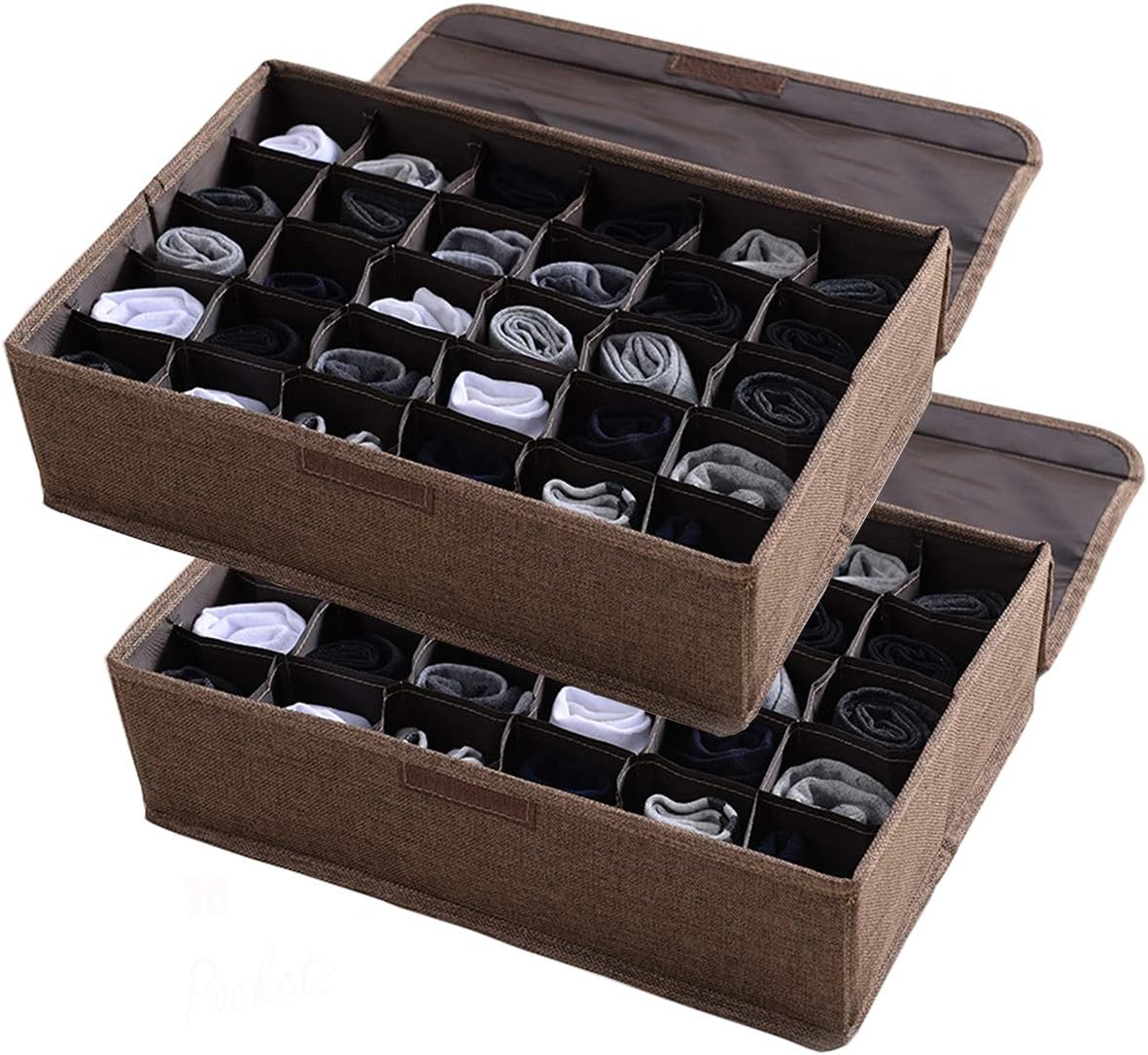 AARAINBOW 2 Packs Underwear Socks Storage Organizer with Lids Foldable Closet Drawer Organizer 60 Cells, Wardrobe Storage Boxes for Ties Scarves and Lingerie (30 Cell, 2 Coffee)