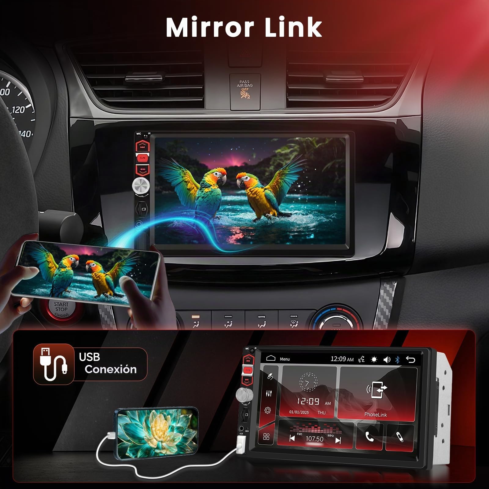 Hodozzy Radio para Coche con Pantalla Táctil Bluetooth 7 Pulgadas 2 DIN, con Mirror Link/Radio FM/EQ USB/TF/AUX SWC, Universal Radio Coche MP5 Reproductor Multimedia Autoradio con Cámara Marcha