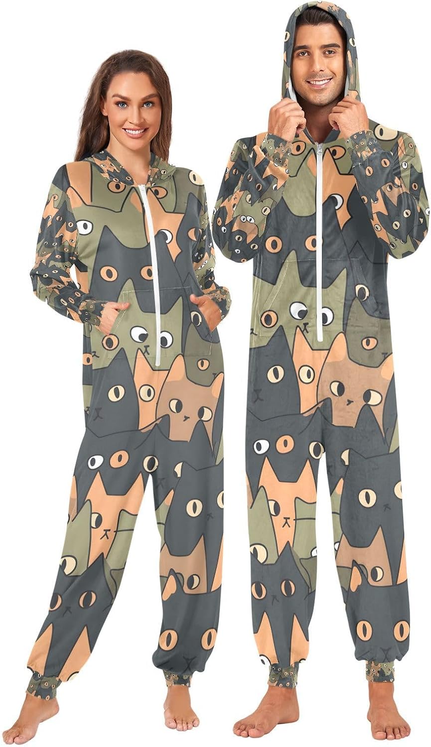 Dark Cats Green Unisex Adult Onesie Pajamas Comfy One Piece Costume Jumpsuits Novelty Sleepwear Homewear for Men Women