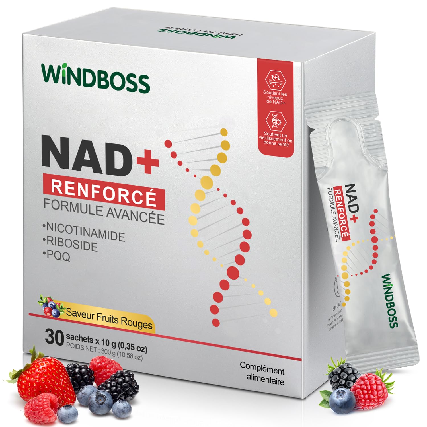 Windboss Liquide à Haute Puissance NAD+ 1000mg, NRHM ULTRA RENFORCÉ & PHYTOSOME DE QUERCÉTINE, TRANS-RESVÉRATROL– Stimule l'Énergie Cellulaire, la Concentration et le Vieillissement Sain