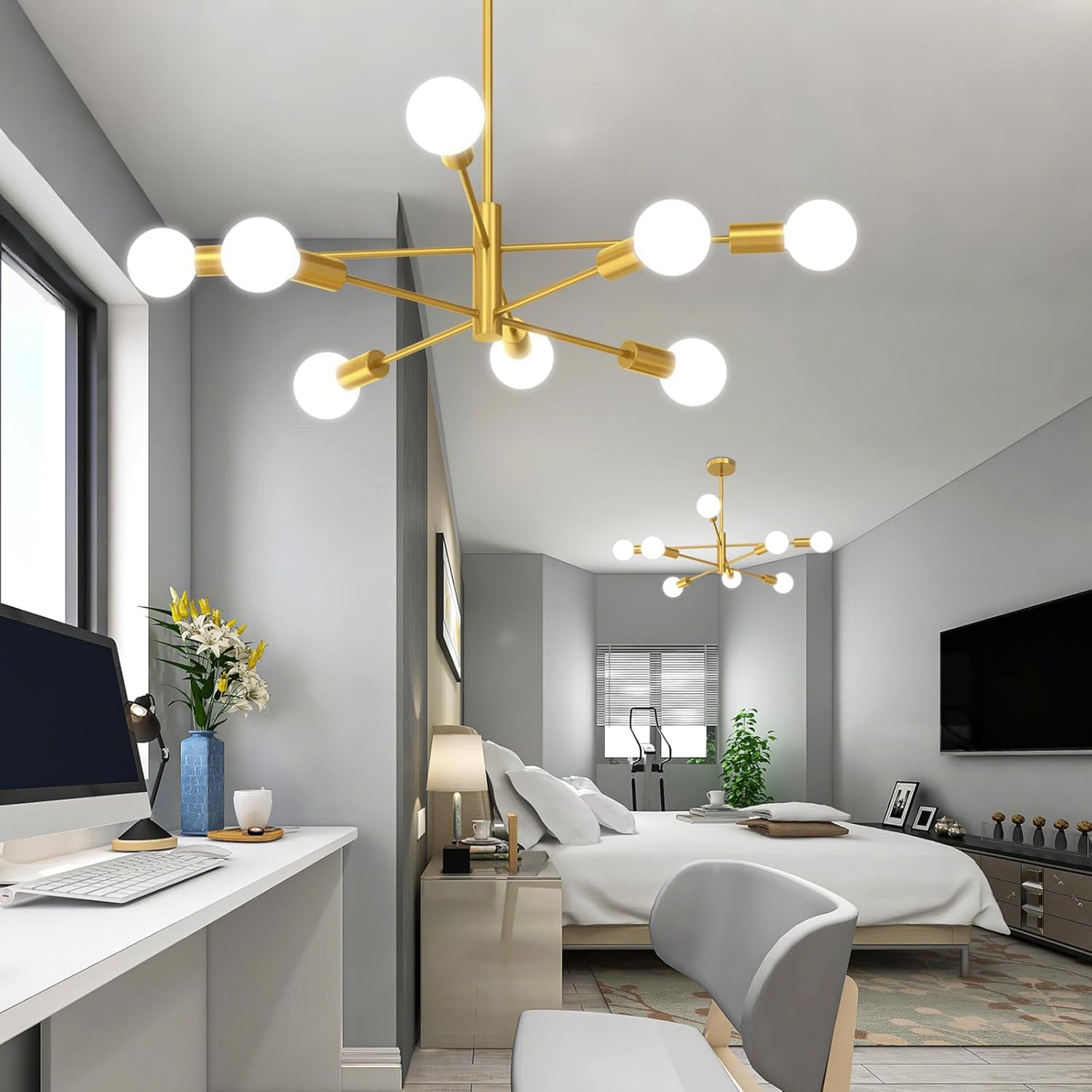 Modern Chandelier Ceiling Light Fixture, 54InchH Sputnik Chandeliers for Dining Room Hanging Light Fixtures Over Table Height Adjustable for Bedroom Kitchen Island Foyer Gold 8-Light