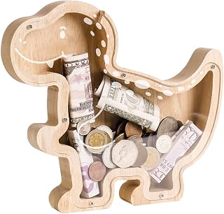Wooden Dinosaur Piggy Bank for Kids, Dino Money Coin Bank, Unbreakable T-Rex Piggy Bank, Creative Kids Saving Coin Jar, Toddler Christmas Birthday Baptism Gifts for Boys Girls, Dino Lovers